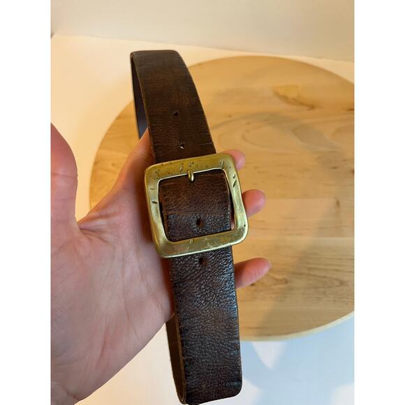 90s Brown Distressed Look Genuine Leather Square Gold Buckle Belt Size Medium main image 4